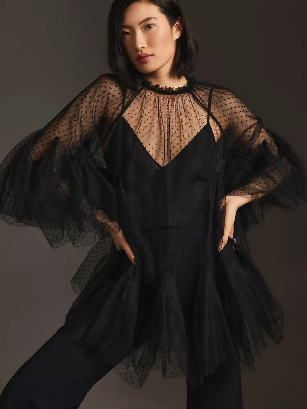 Maeve By Anthropologie Women's Black Polk Dot Mini Tulle Layer Dress Size L/XL